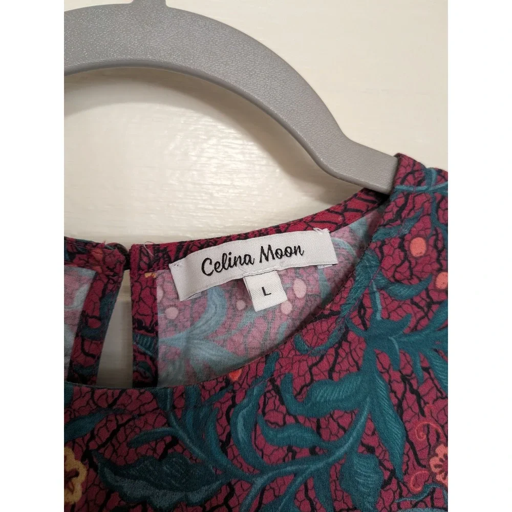 Celina Moon Floral Cotton Boho Belted Mini Dress Long Sleeve Burgundy Large